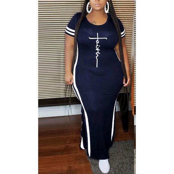 PHILLY'S TREASURE WOMEN NAVY PRINTED SPLIT SHORT SLEEVE ROUND NECK DRESS - Picture 1 of 5